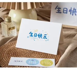 Detail view of a white birthday greeting card featuring blue artistic Happy Birthday text