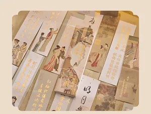 Detailweergave van bladgoud bladwijzers met klassieke Chinese kalligrafie en illustraties