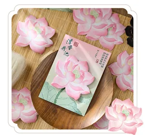 Detail view of pink lotus shaped sticky notes with traditional Chinese style backing card