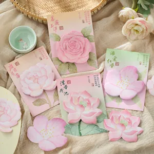 Chinese Style Floral Shaped Sticky Notes Watercolor Flower Die-Cut Memo Pads Retro Self-Adhesive Notepad For Student School Office Stationery