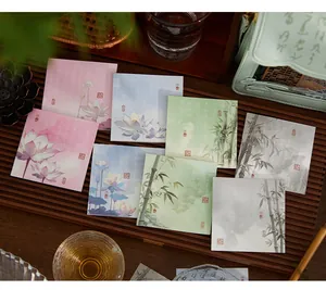 Detailed view of traditional Chinese style sticky notes with lotus and bamboo patterns