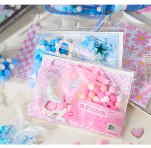 Close-up of DIY Ita-bag decoration material kit with ribbons, lace, and holographic charms.