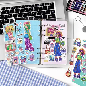 Bunte Anime-Mädchen-Sticker im Y2K-Stil, dekoriert in einem transparenten Notizbuch
