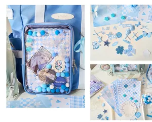Detailed view of blue DIY ita bag material kit with ribbons, lace, and decorative charms
