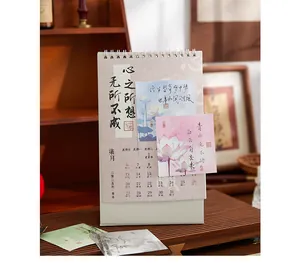 Macro view of artistic Chinese style lotus floral sticky notes placed on a 2025 desk calendar.