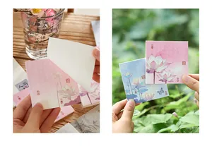 Close-up of elegant Chinese style floral memo pads featuring lotus illustrations