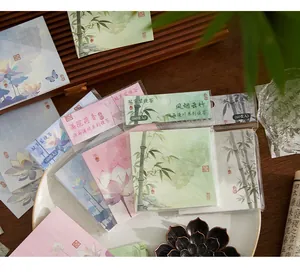 Detailed view of traditional Chinese style floral sticky notes with bamboo and lotus designs