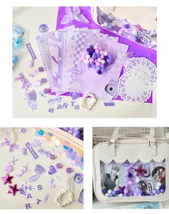 Detailed view of purple DIY ita-bag material kit with stickers, ribbons and lace