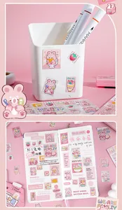 Close-up detail of cute cartoon rabbit stickers applied to a planner notebook DIY