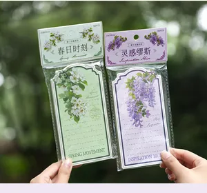 Detailed view of artistic floral illustration memo pads in green and purple themes