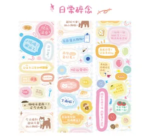 Detailed view of Korean style die-cut paper tape with cute stickers and daily quotes text