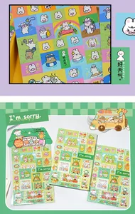 Close-up of cute cartoon animal stickers featuring rabbits and bears for DIY journals
