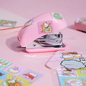 Cute pink mini stapler decorated with cartoon animal stickers and sticker sheets