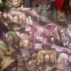 Set di carta per collage floreale vintage con scene di giardino estetico scrapbooking