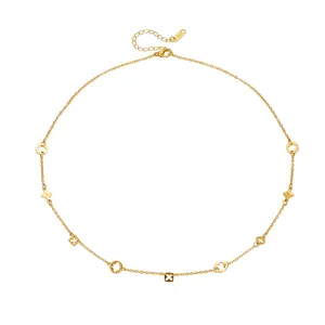 Full view of gold stainless steel necklace with multi-clover charms on white background