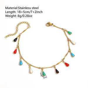 18K gold plated stainless steel bracelet with colorful teardrop enamel pendants