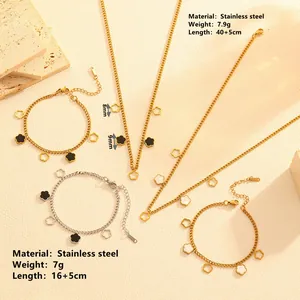 Detail of stainless steel jewelry set with hollow flower charms in gold and silver finish