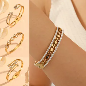 Minimalist Stainless Steel Geometric Cuff Bangle For Women Gold Plated Rhinestone Flower Charm Hollow Wristband Fashion Jewelry Gift
