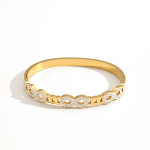 Elegant gold-plated stainless steel infinity bangle bracelet with sparkling crystal inlay