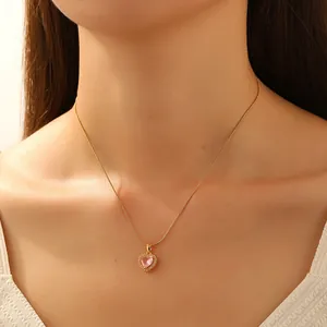 Elegant Stainless Steel Copper Rhinestone Heart Pendant Necklace For Women Sweet Style Delicate Halo Box Chain Heart Jewelry Gift