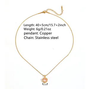 Gold heart pendant necklace with pink crystal and stainless steel chain
