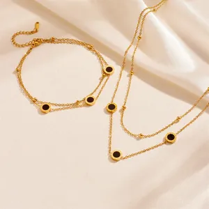 Stainless Steel Double Layer Roman Numeral Jewelry Set For Women Gold Plated Black White Shell Charm Necklace Bracelet Anklet Fashion Jewelry