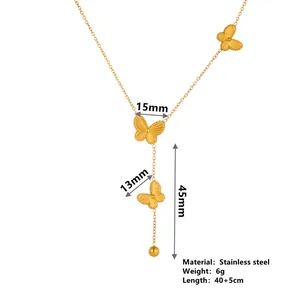 Détail du collier à pampilles papillon doré avec dimensions et infos sur l'acier inox
