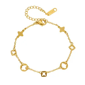Elegant gold-plated stainless steel bracelet featuring hollow four-leaf clover charms