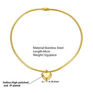 Gold stainless steel heart pendant snake chain choker necklace with detailed specifications