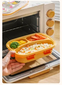 Fiambrera bento de acero inoxidable amarilla con 3 compartimentos, arroz y camarones
