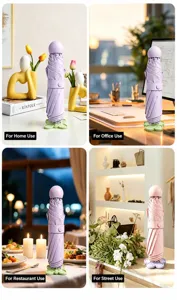 Flower-shaped umbrella stand base shown in home, office, and restaurant usage scenarios
