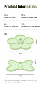 Product specifications and size details for flower and butterfly umbrella support bases