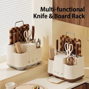 Multi-Functional Integrated Kitchen Knife Holder PP Plastic Storage Rack With Draining Tray Countertop Organizer For Knives Cutting Board
