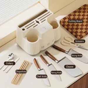 Multifunctional cream kitchen knife holder with UV sterilization and utensil organizer