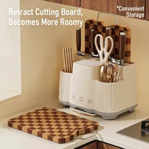 All-in-one cream kitchen knife rack and cutting board organizer for neat countertops
