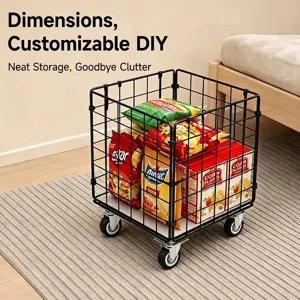 Mobile black wire mesh storage basket with wheels for home organization and snacks