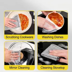 Versatile double-layer silver wire dishcloth for wet and dry kitchen cleaning tasks