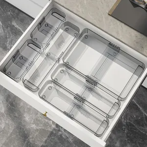 Organizer per cassetti grigi trasparenti ed estensibili per la cucina o il bagno