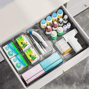 Adjustable clear drawer organizer set for home medical supplies and household items