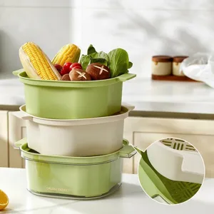 Stackable double-layer plastic drain basket for kitchen vegetable and fruit washing