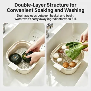 Cream white double-layer plastic colander and bowl set for kitchen vegetable washing