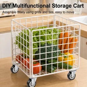 DIY Iron Grid Storage Basket Rolling Cart With Wheels Multipurpose Wire Storage Bin For Kitchen Bedroom Bathroom Home Organization Metal Basket