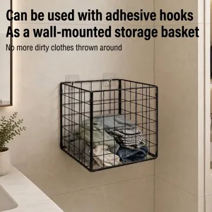 Wall-mounted black iron wire grid storage basket for laundry and bathroom organization
