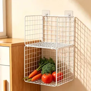 Versatile white wire mesh wall storage rack with vegetables in a cozy kitchen setting