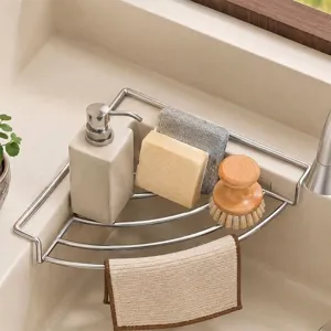 Égouttoir d'Évier de Cuisine Triangulaire en Acier Inoxydable Organisateur d'Angle Multifonctionnel pour Éponge Savon
