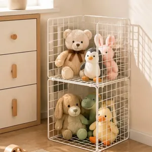 Stackable white wire mesh storage cube for toy organization in a nursery room.