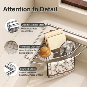 Égouttoir d'angle en inox pour évier avec porte-serviette et rangement éponge