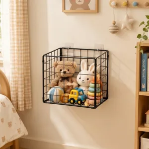 Wall-mounted large capacity black wire grid basket for children's toy and doll storage