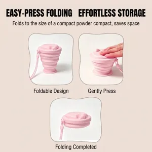 Portable pink collapsible silicone travel cup showing a three-step easy folding process