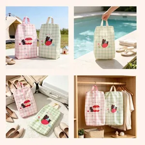 Set of portable plaid waterproof travel shoe storage bags with cute cartoon cat patterns